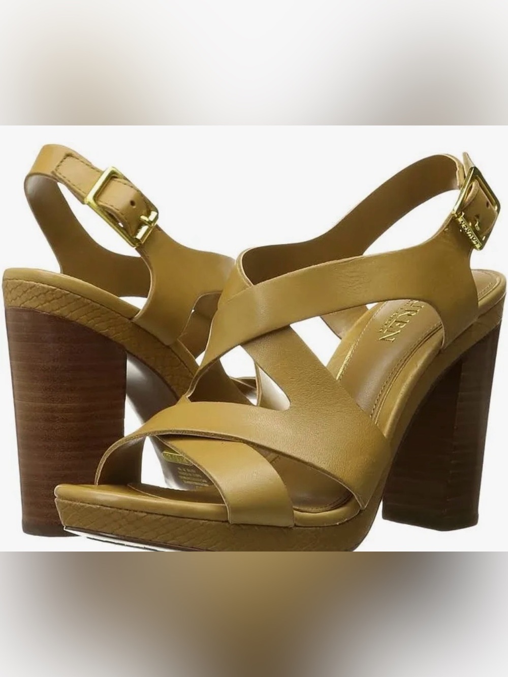 Lauren Ralph Lauren Fabia Women’s Leather Sandal Sz 7B Camel Strappy Block Heel